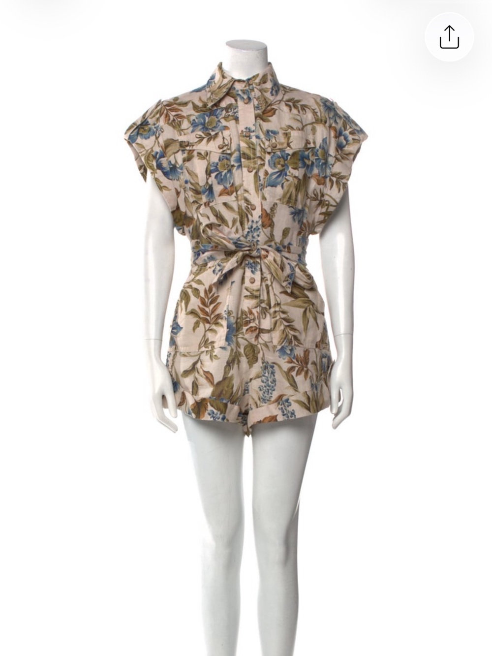 Floral Tie-Waist Bodysuit Romper in Beige with Blue Floral Print